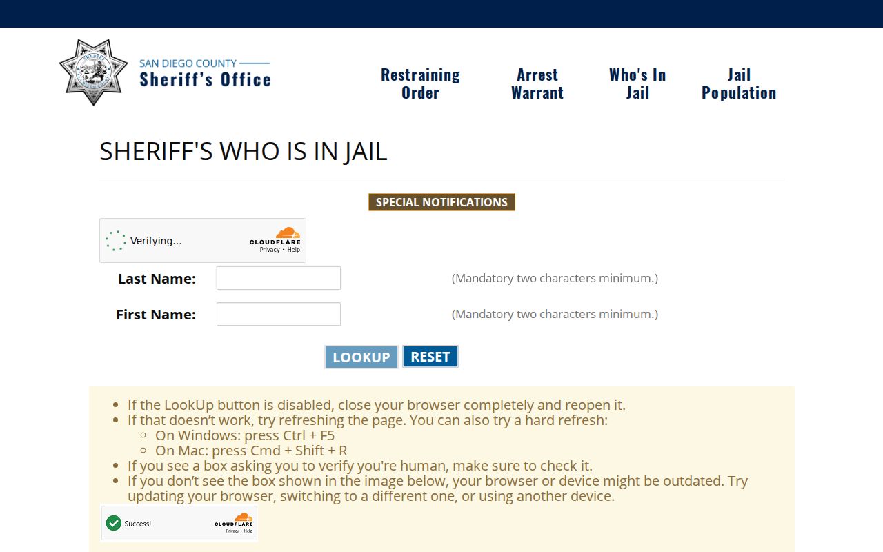 San Diego County previous residents dated county custody lookup
