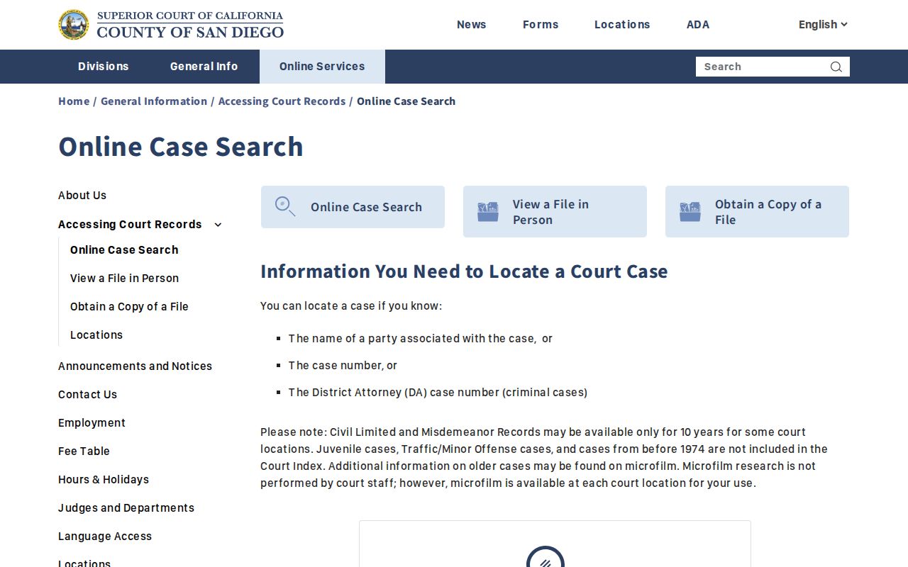 San Diego County resident lookup Superior Court Index search