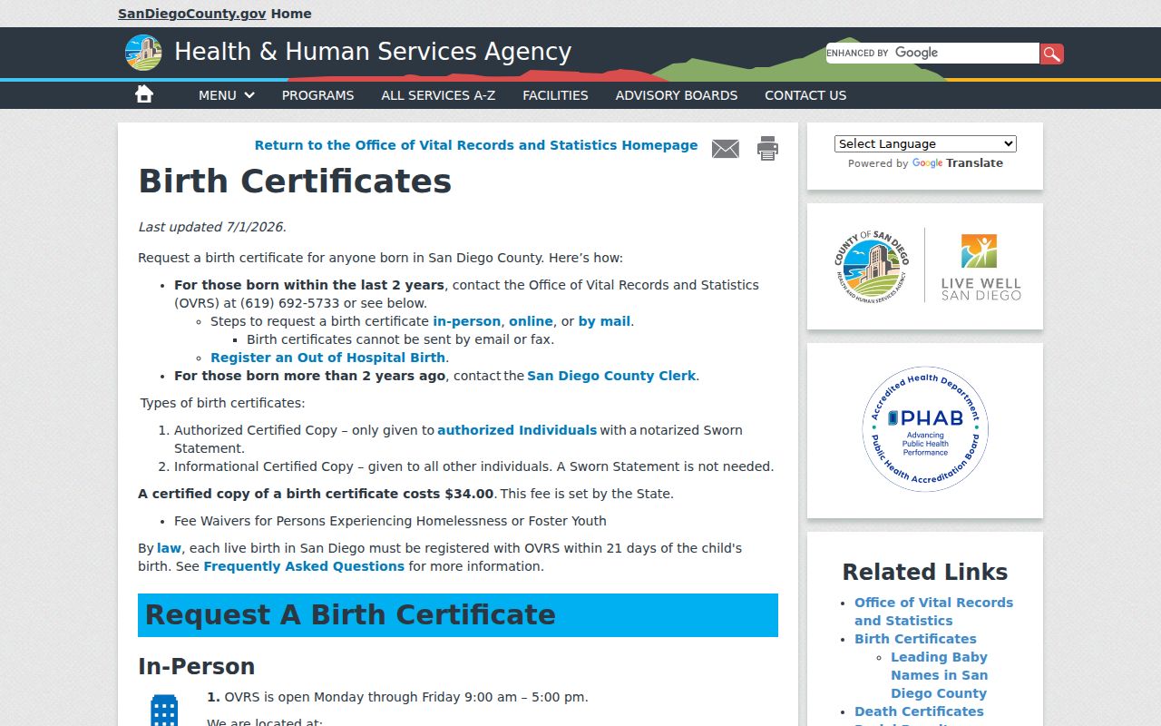San Diego County residents directory birth certificate access