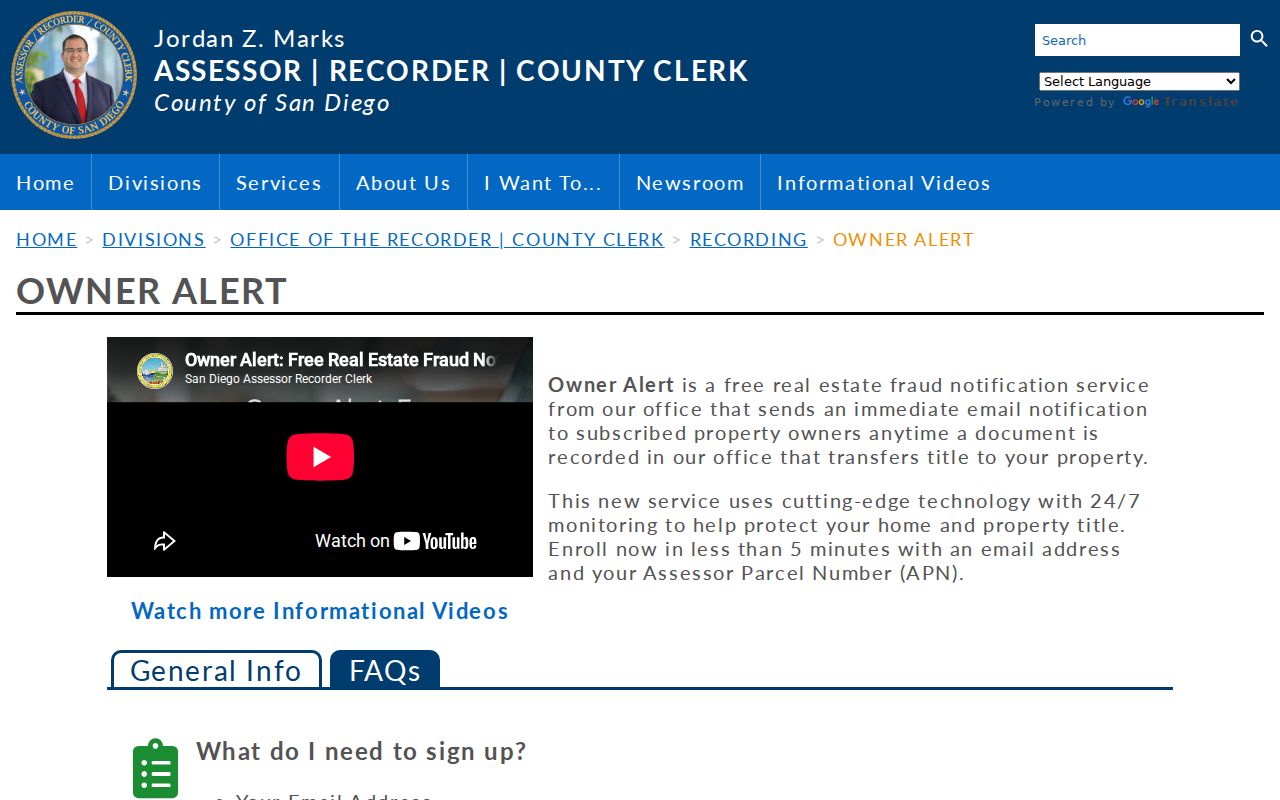 San Diego County street directory Owner Alert recording monitor
