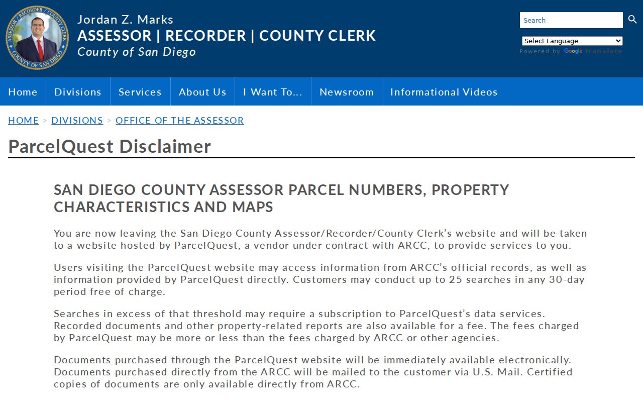 San Diego County street directory ParcelQuest property search entry