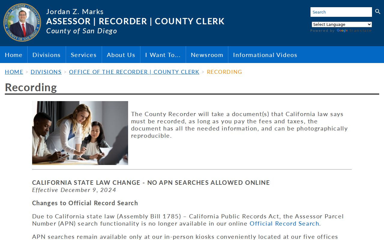 San Diego County street directory recorder index and APN notice