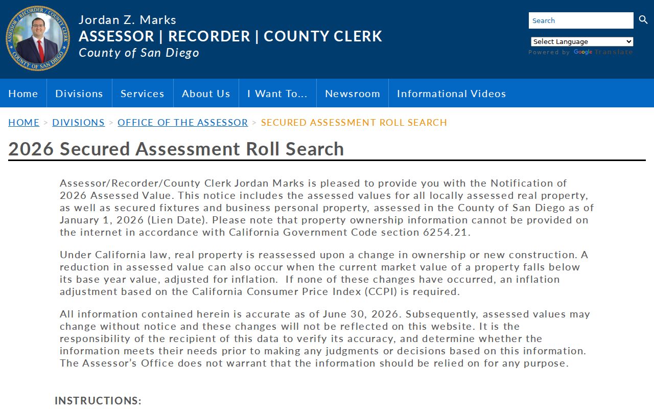 San Diego County street directory secured assessment roll search